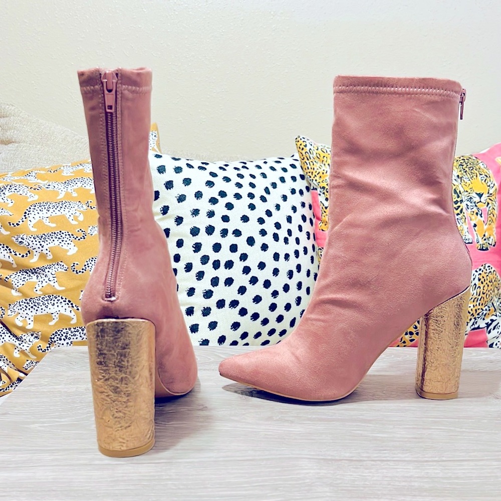 Public Desire Rose Gold Pink Suede Boots with Gold Foil Heel